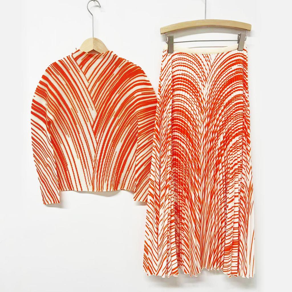 Pleated Skirt & Striped Long-Sleeve Top Two-Piece Set for Women - Spring Collection