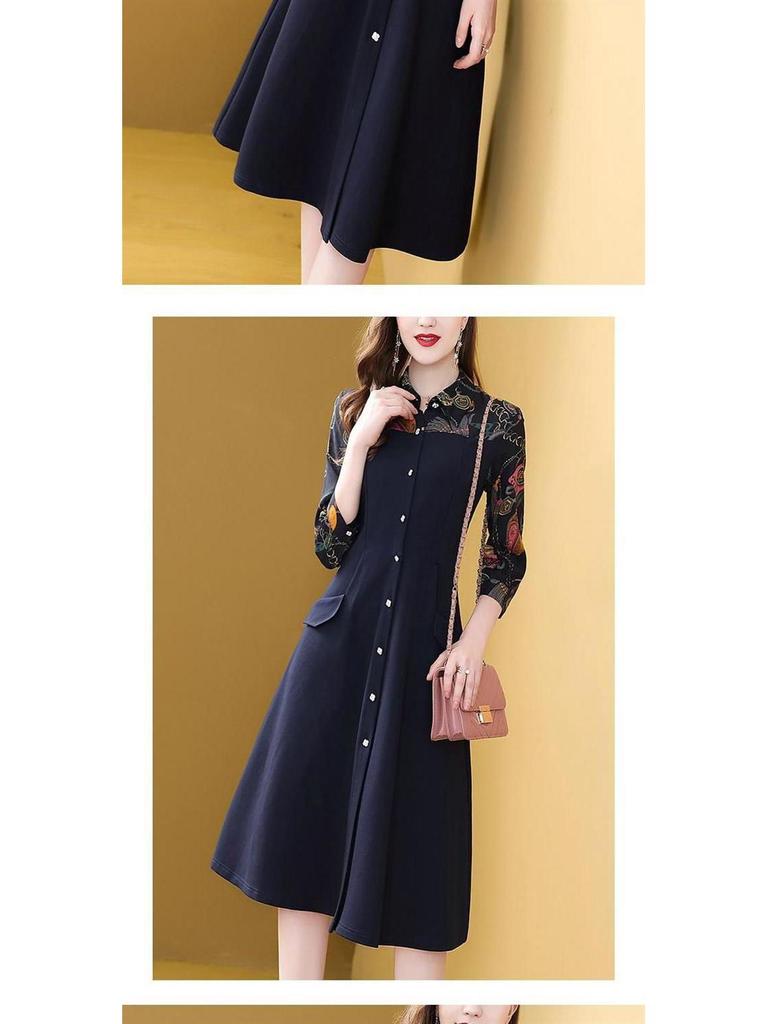 Plus Size Women's Spring/Summer Seven-Sleeve Lapel Shirt Dress - Light Mature Style, Button-Down A-Line with Patchwork Design.