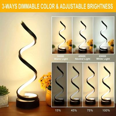 Modern Spiral LED Table Lamp, Dimmable Bedside Nightstand Light, Aluminum, USB Powered