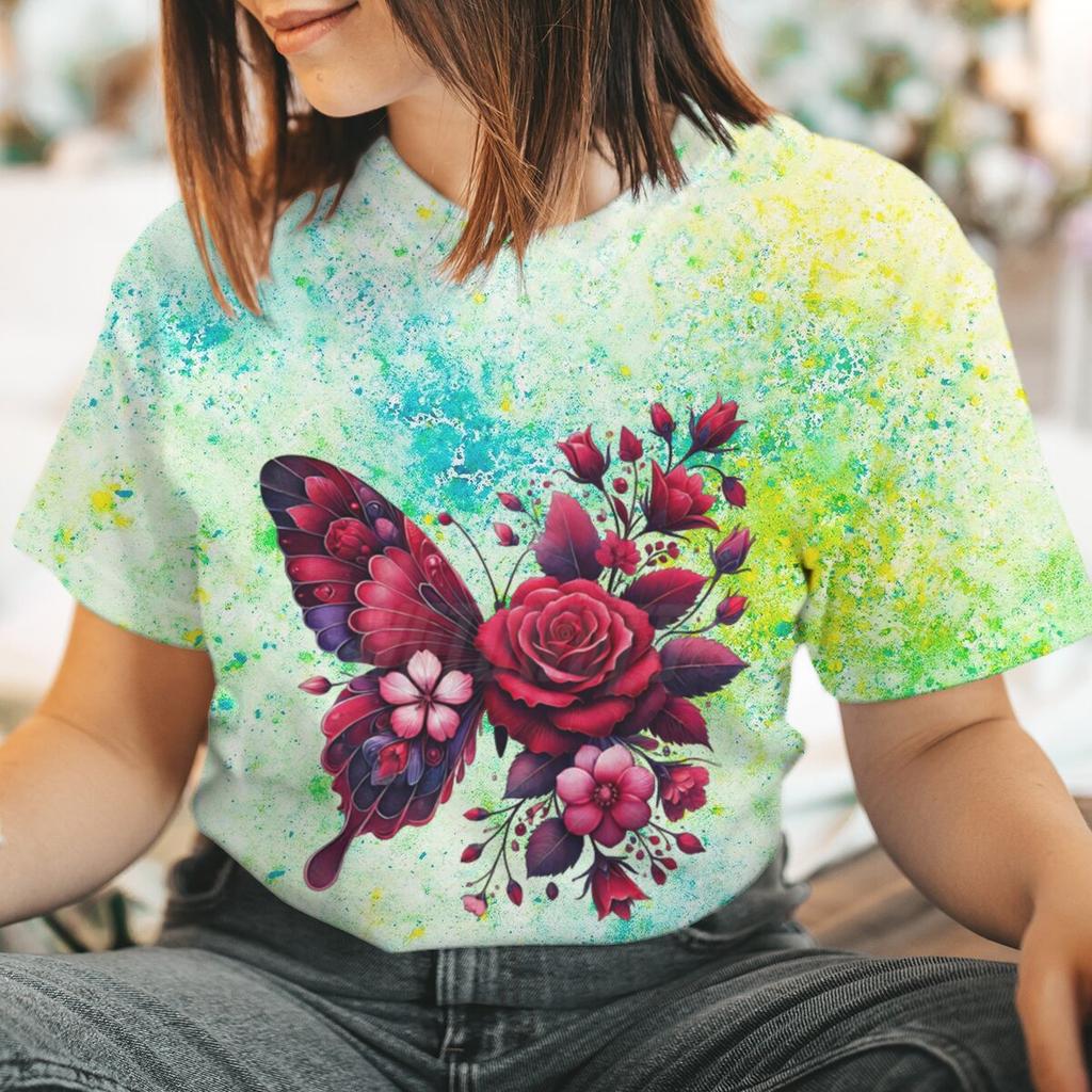 Floral Butterfly Fashion Clothes Summer Spring Flower Tee Ladies Cartoon Clothing Short Sleeve Graphic Women T-shirt Female Top