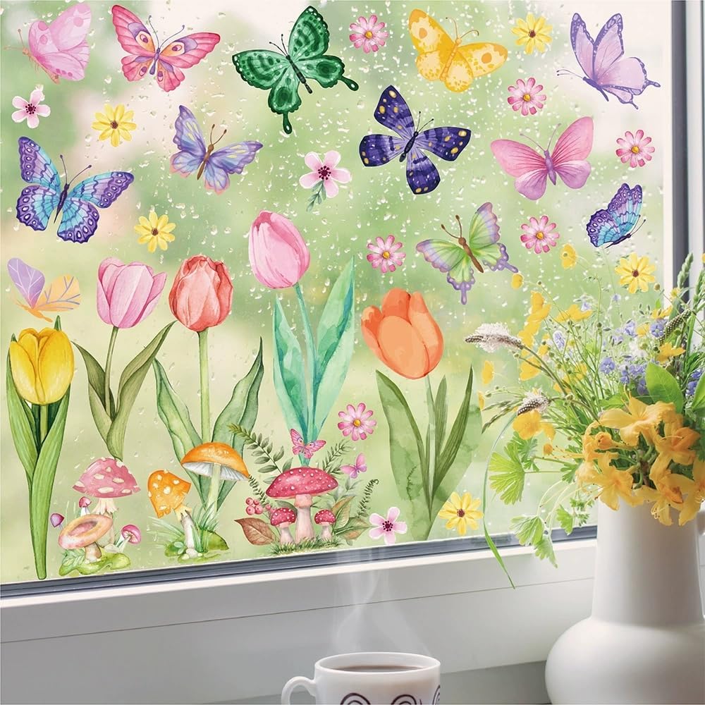 AOWDIAO Spring Window Clings - 83 Pcs Watercolor Flower, Butterfly, Hummingbird, Mushroom, Tulip Glass Stickers - Reble Double-Sided Window Decor for