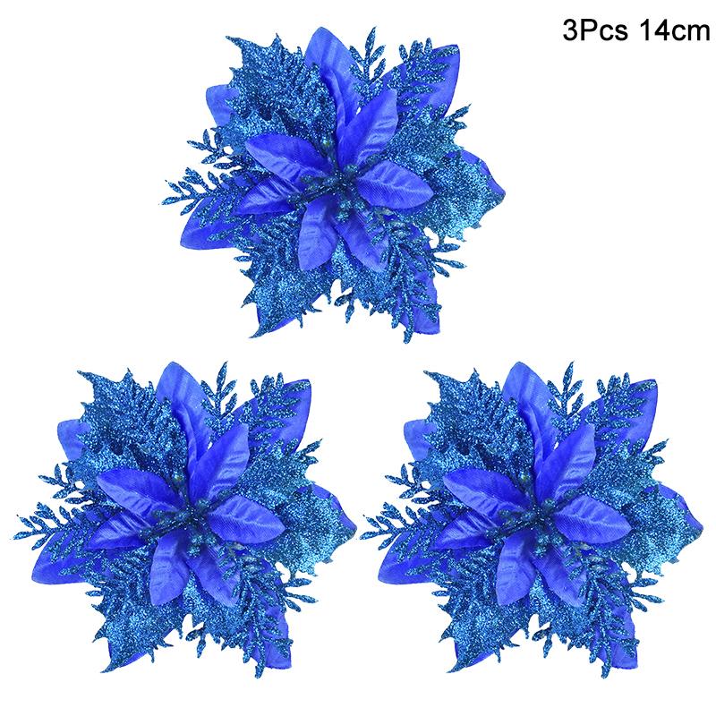 3 st 14 cm Julblommor Glitter Konstgjorda Röda Guld Blomhuvud Bär DIY Julgrans Prydnader Dekorationer för Hem Nyår