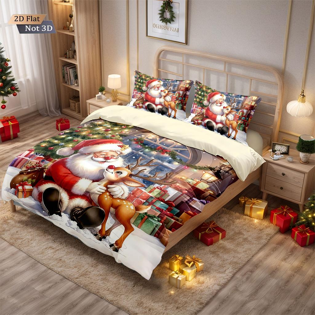 3pcs Cartoon Santa Claus Gift Printed Chipless Bedding Set Soft Dormitory Bedroom Multiple Sizes Machine Washable