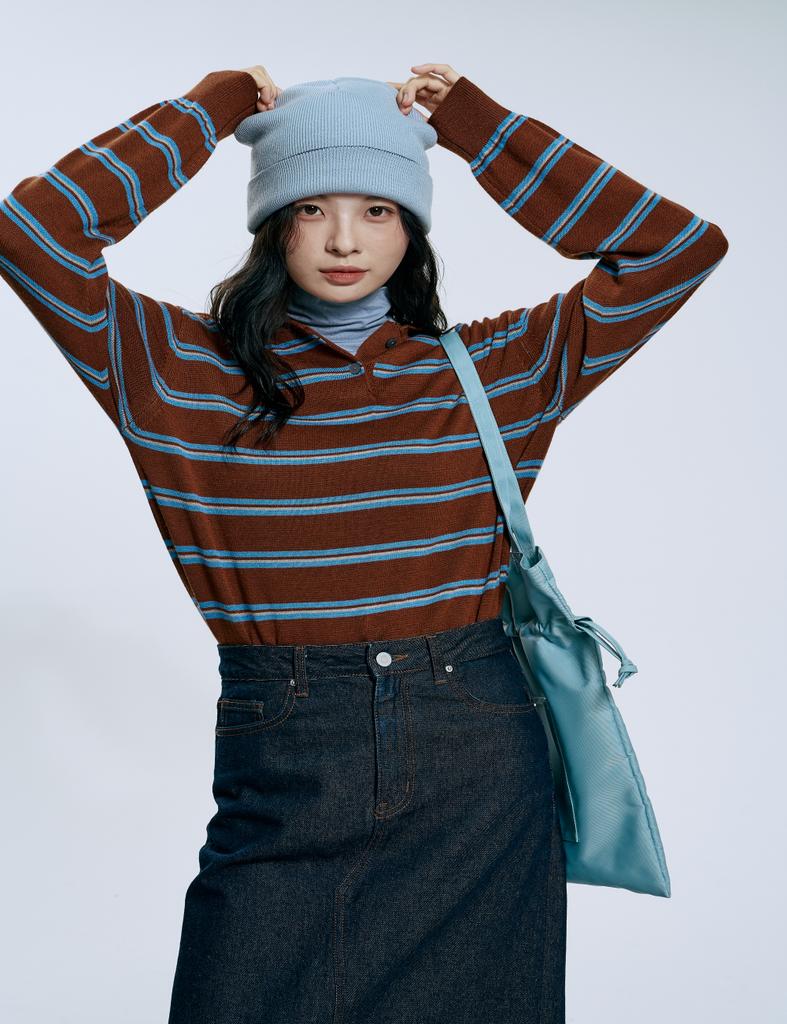 CLEVER FIELD Academy Striped Collared Knit_Brown