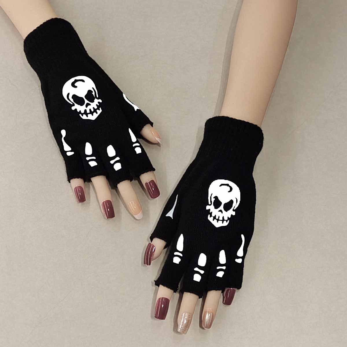 Luminous Skull Knit Gloves - Halloween Ghost Claws, Cycling Sports Half-Finger Gloves One Size