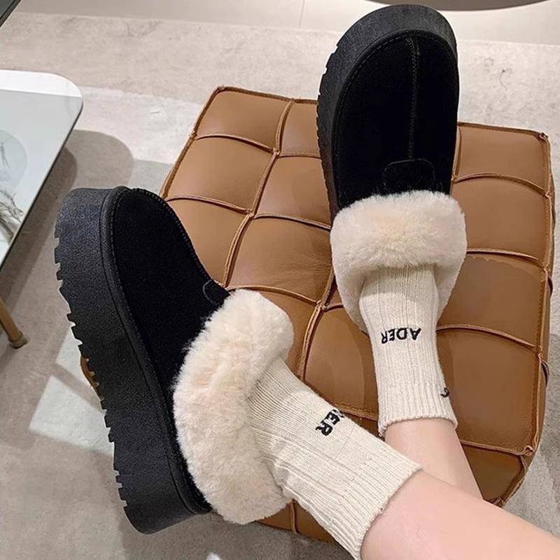 Pelzige Mund Schneestiefel für Damen Herbst und Winter Dicke Sohle Kurzer Schaft Dicke Zehe Faule Baumwollschuhe