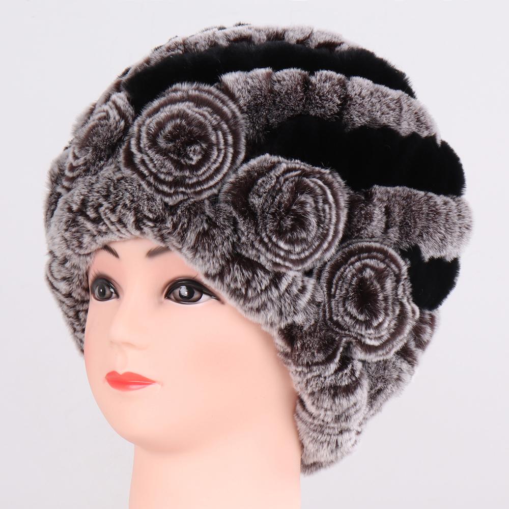Hot Sale Winter Women Flower Striped Natural Real Fur Hats Lady Warm Knit Genuine Rex Rabbit Fur Caps Outdoor Fur Beanies Hats