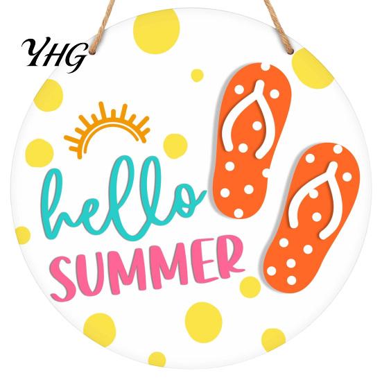 Coastal Style Wall Hanging Hello Summer Door Sign, Ice Pop Flip Flop Welcome Hanger, Decorative Plaque Farmhouse Wooden Wreath for Front Home