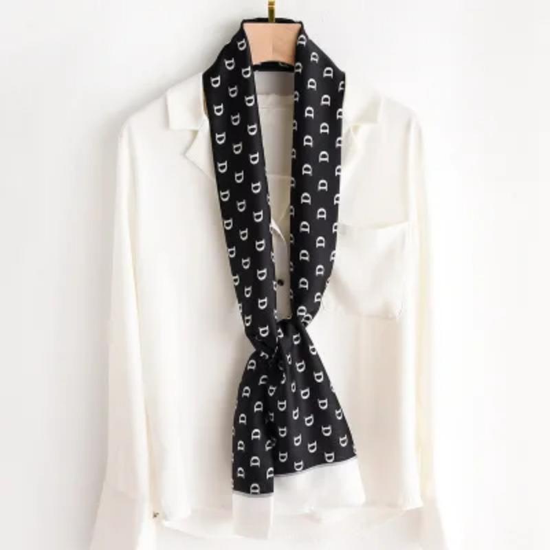 Hijab Real Long Silk Women Print Elegant Neck Scarves Hair Head Ribbon Tie Bag Handle Decoration Foulard Collar Kerchief