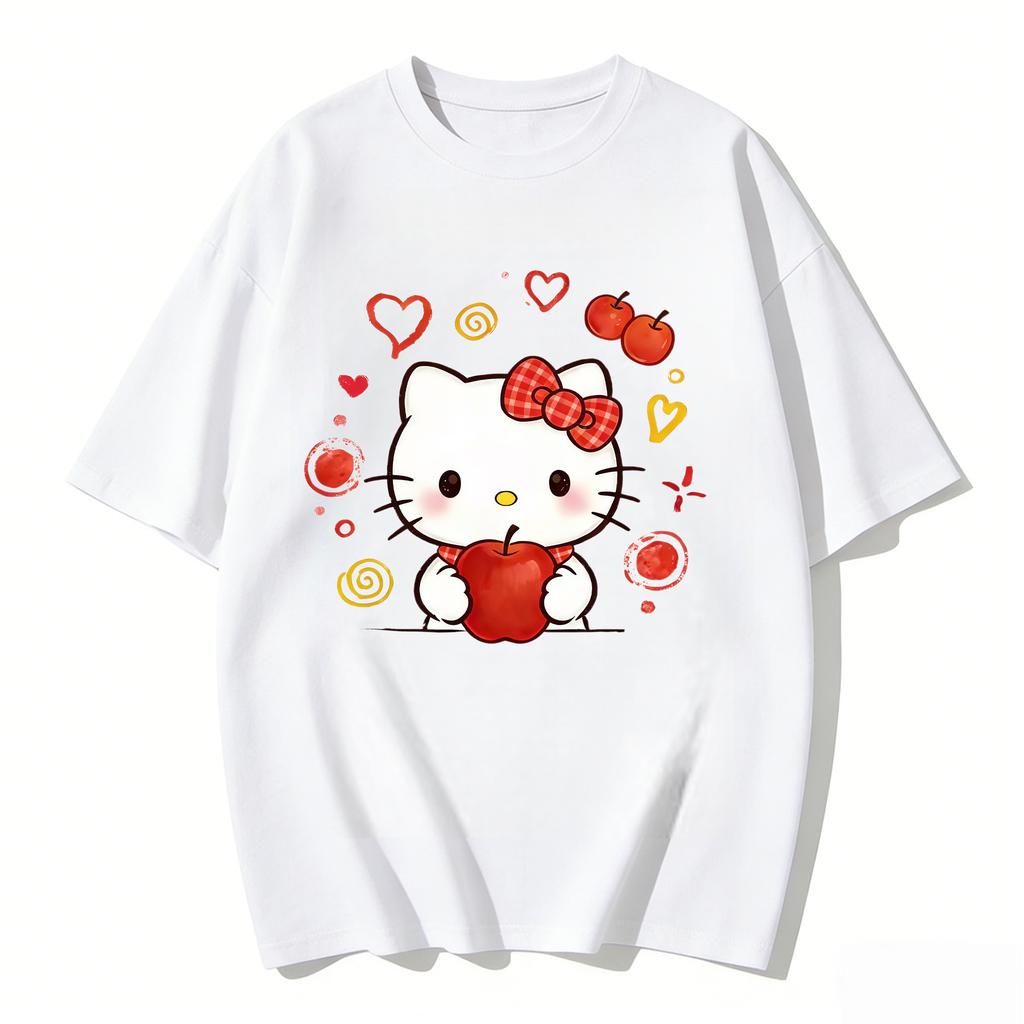 2026 Summer Hello Kitty Cartoon Printed Short Sleeve Pure Cotton Tshirt Womens Family Matching Outfits Classic Fashion Tee Top