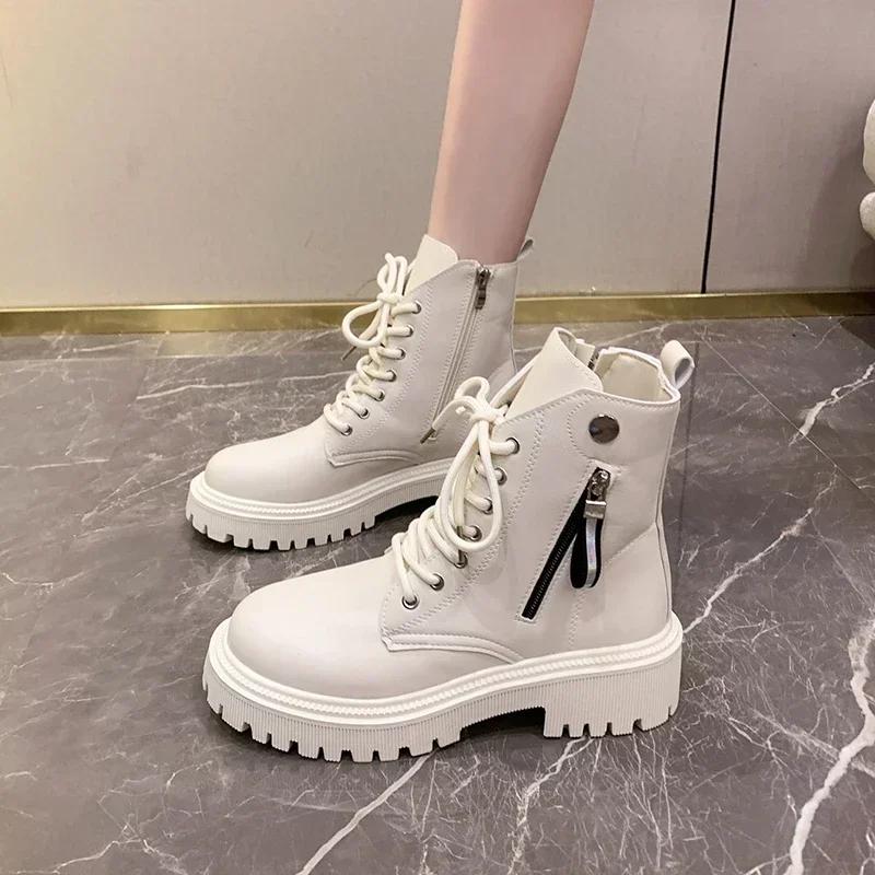 Fashion Women's Shoes 2024 Fashion Lace Up Zipper Women's Boots Autumn Round Toe Solid Platform Water Proof Fashion British Style Boots