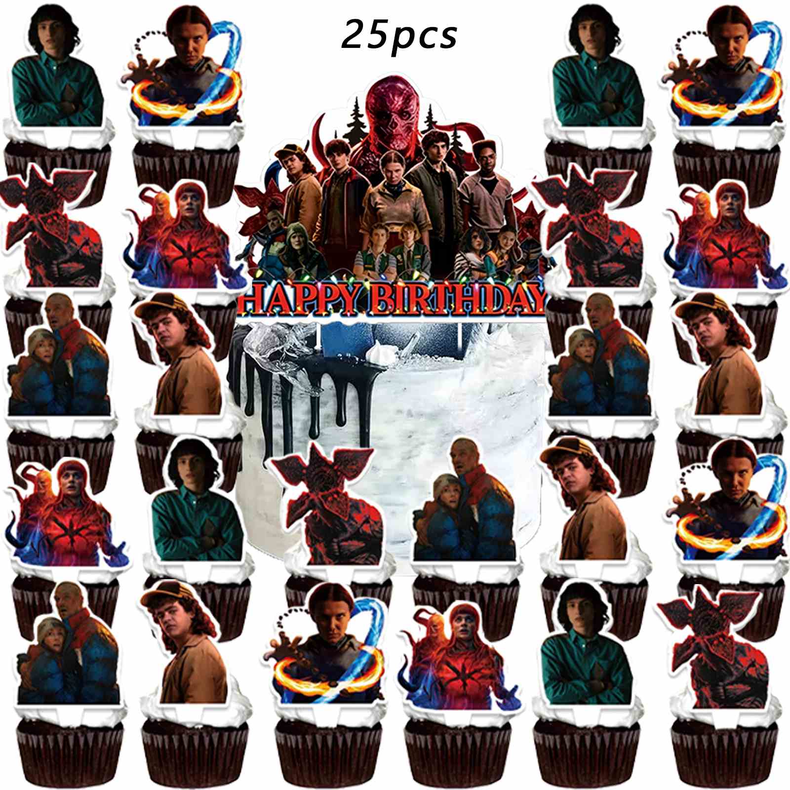 

BEPAN 25pcs Stranger Cake Topper Horror Movie Demogorgon&Flower Kids Birthday Party Decoration, Cake Topper Balloon Flag Party Supplie 12INCH