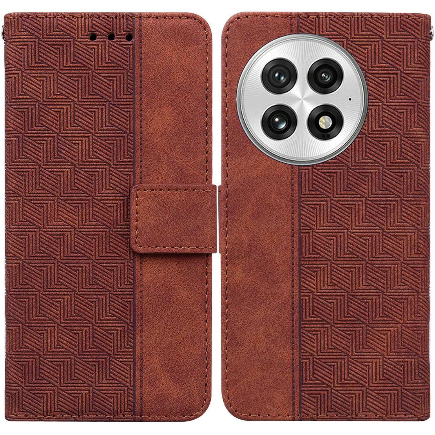 

For OnePlus 13 Case Geometry Pattern Leather Wallet Phone Cover Brown