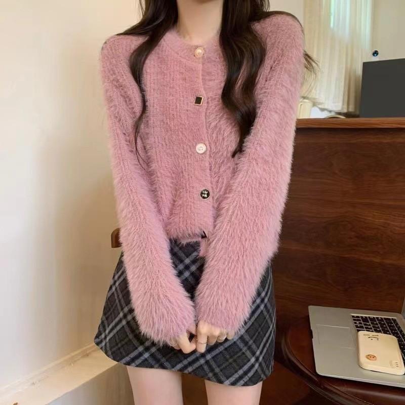 Womens French Vintage Soft Knit Cardigan Short Round Neck Sweater Coat Solid Color