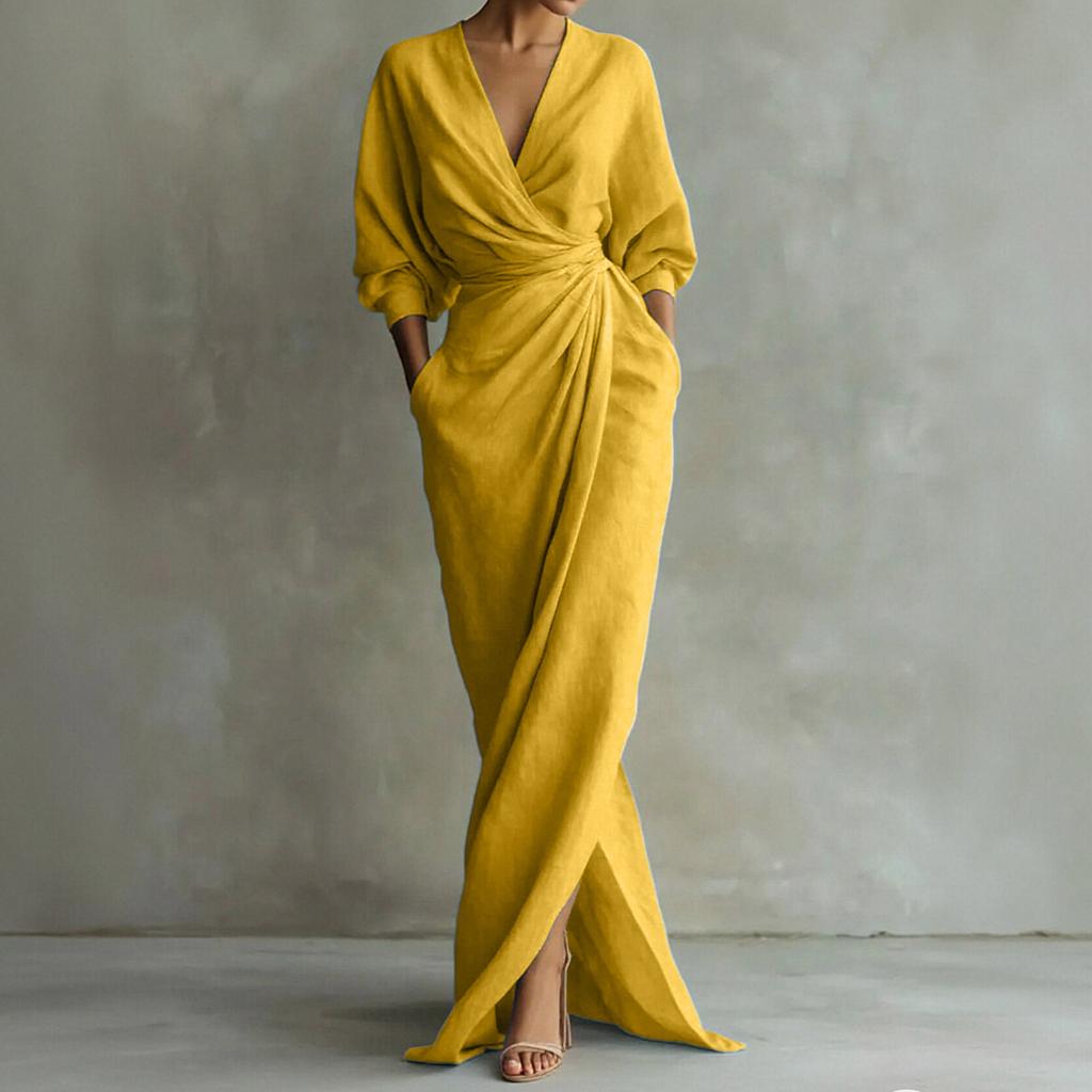 Women's Casual FashionColor V-neck Long Sleeve Slit Waist Pocket Dress