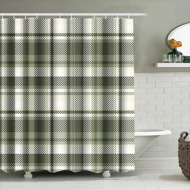Green Plaid Shower Curtain Modern Bath Decor For Bathroom Easy Installation, Machine Washable (280X175Cm)
