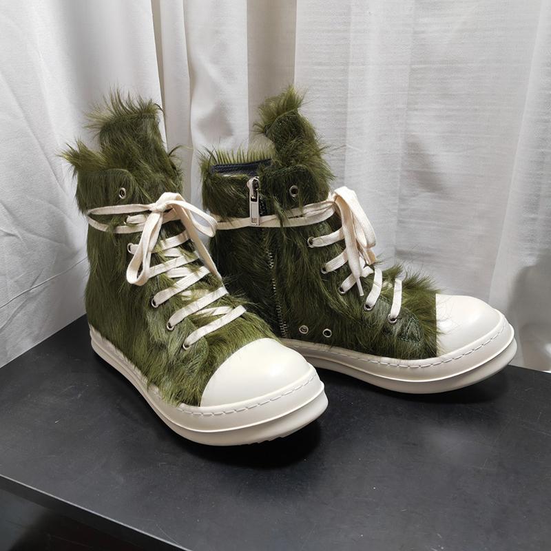 Horsehair Fashion Women and Men Ankle Boots Lace Up Trendy Green Tassel Flat Platform Height Increasing All Match Bota