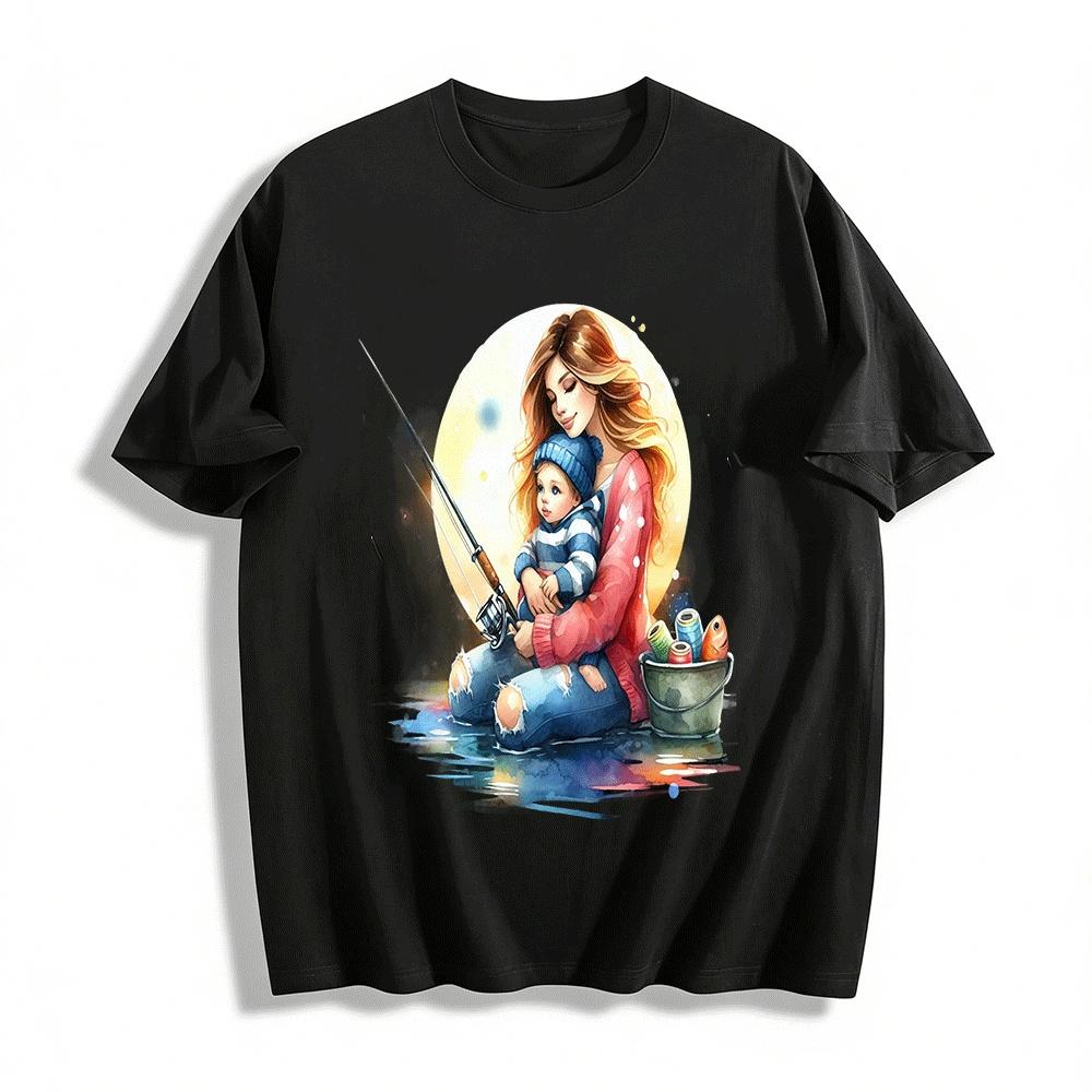 Warm Parent Child Fishing Time Printed Casual Top Pure cotton T-shirt XXS