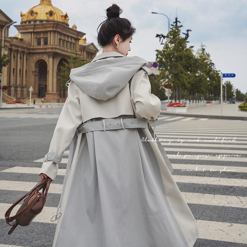 Women's Contrast Color Temperament Hooded Windbreaker Women's Long New Korean Style Double-breasted Loose Large Size Windproof Coat Jacket