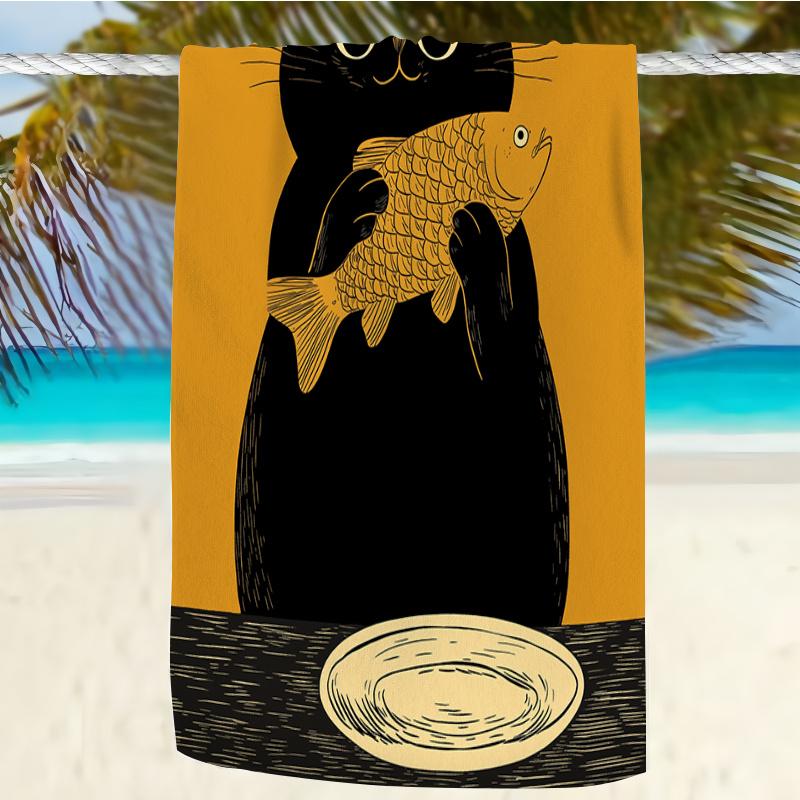 

Artistic Black Cat Beach Towel, Cat Holding Fish Print Soft Microfiber Unisex Lightweight for Swimming Camping Travel W40*H60(CM)