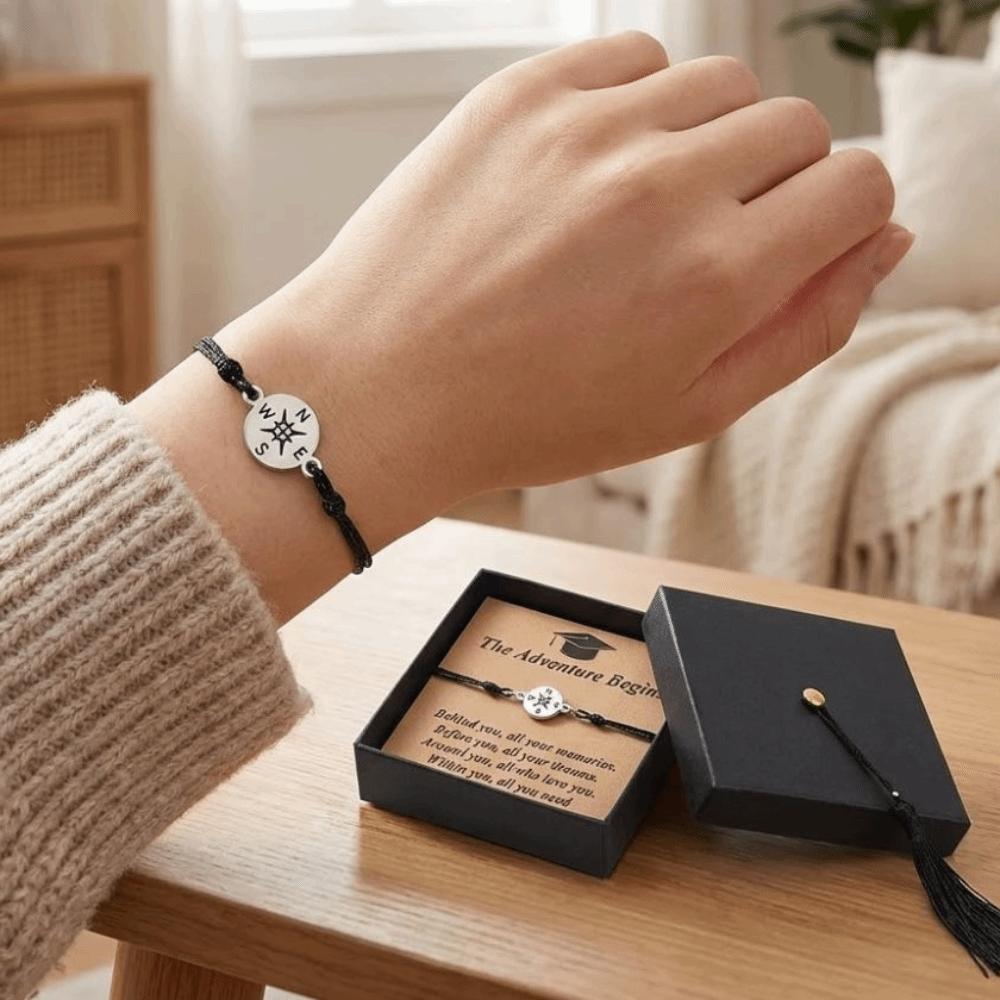 The Adventure Begins Graduation Compass Bracelet Hand Woven Doctoral Cap Gift Box Compass Charm Wristband Adjustable