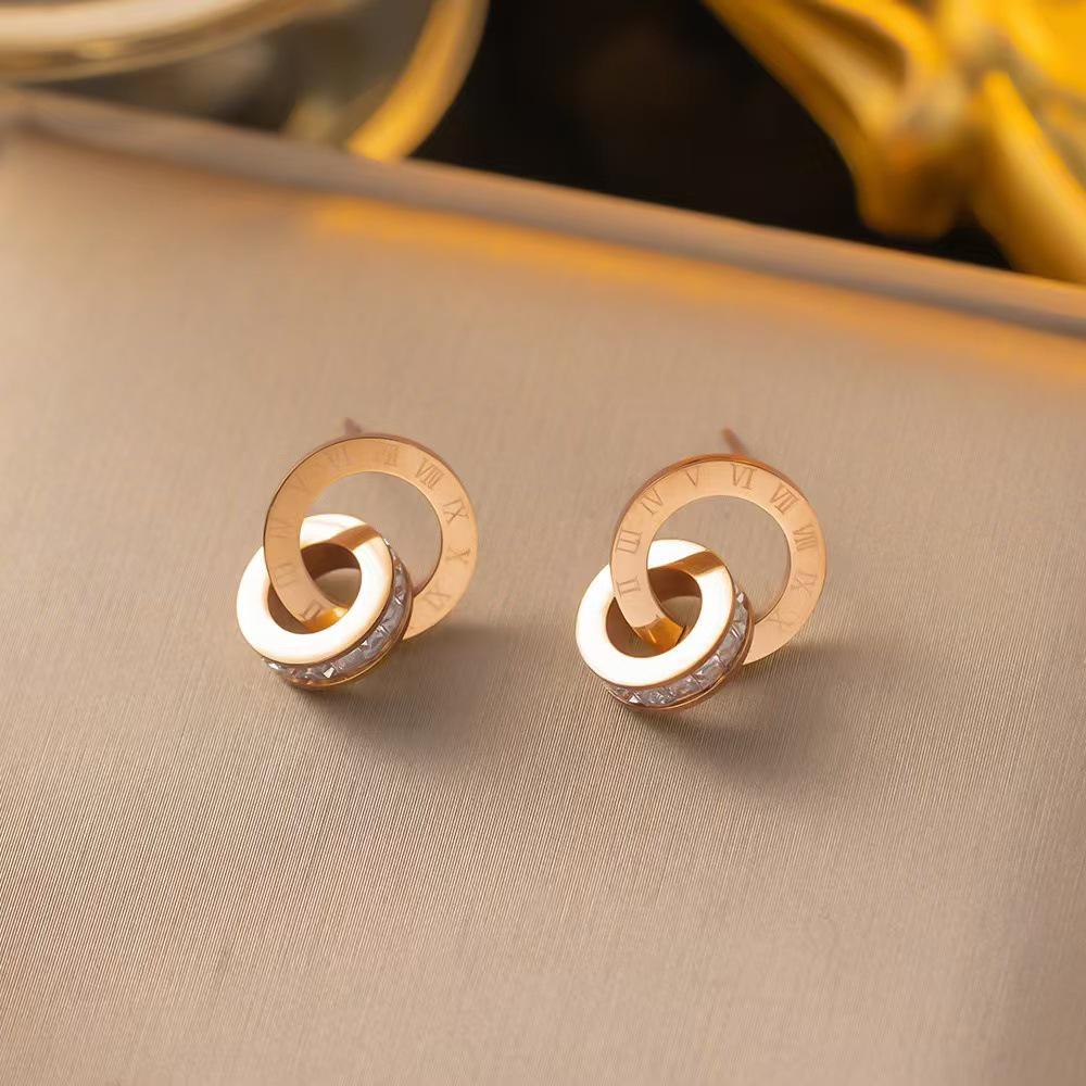 Exquisite Roman Double Ring Earrings: Chic, Versatile, High-End Titanium Steel Design for Women. Non-Fading and Timeless Elegance.