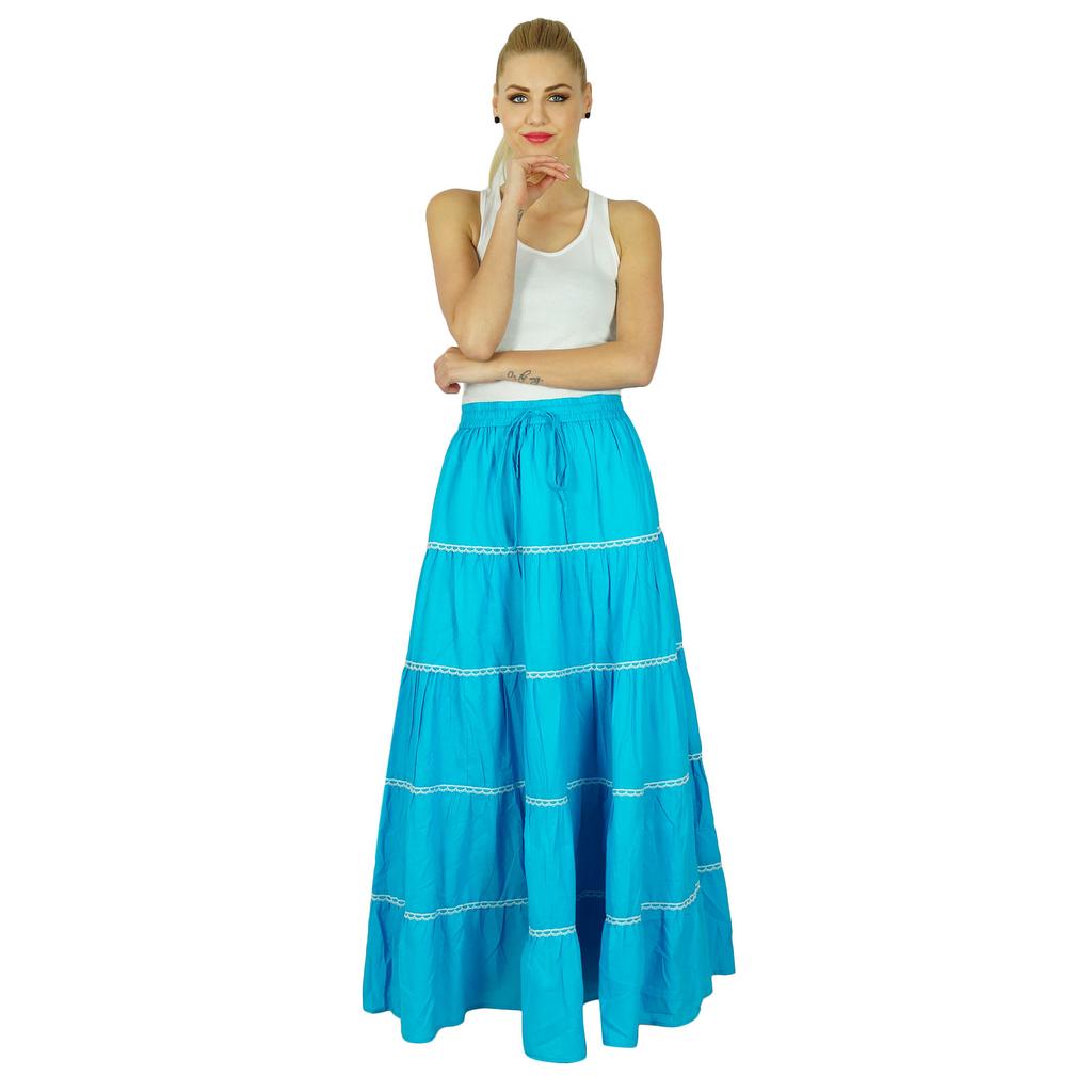 Bimba Damen Langer ausgestellter Baumwollrock Boho Maxi Unterteil Elastische Taille