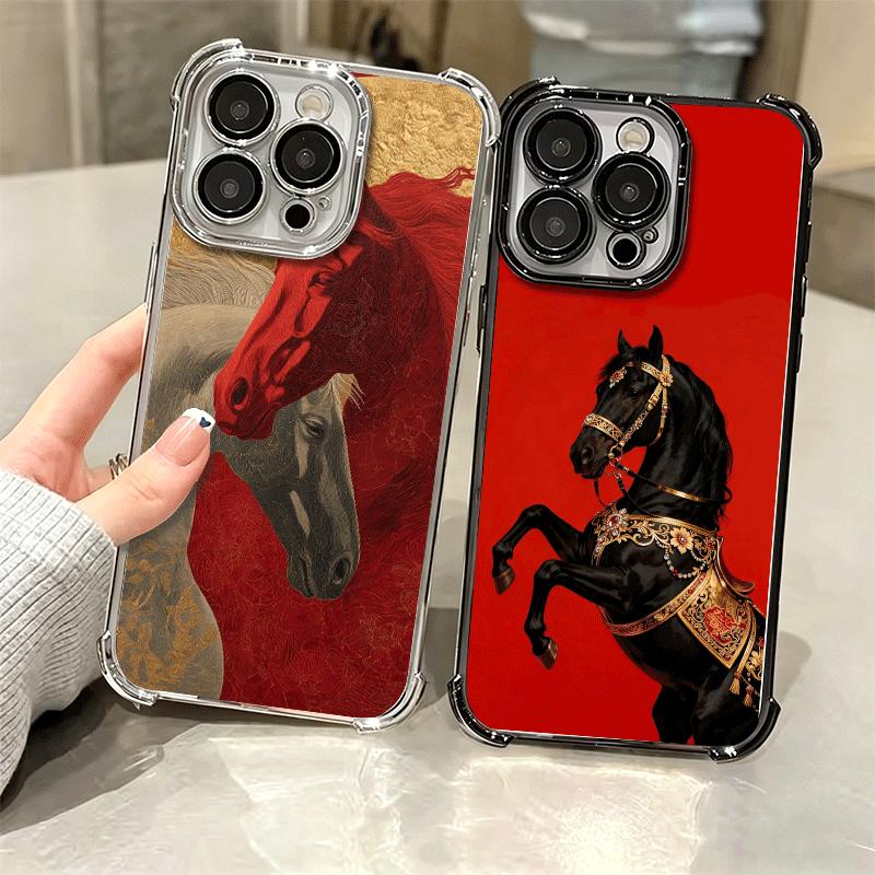 Horse Art Aesthetics Plating Phone Case For Iphone 16 17 Pro Max Air 16E 14 15 Plus 12 13 Mini Anti-Fall Airabag Cover