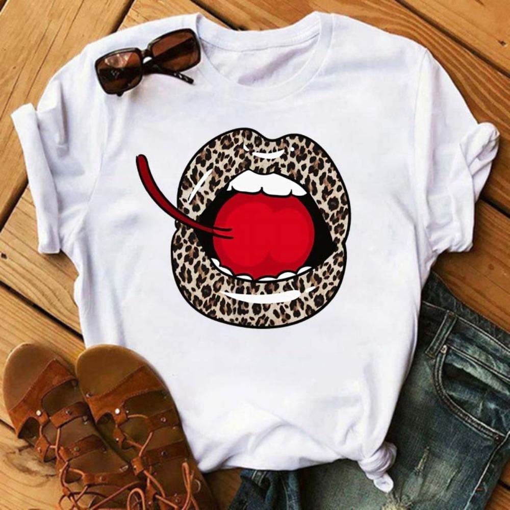 New Women Pink Lips Leopard Graphic T Shirt Casual Fahion O-neck Sexy Black Tees Kiss Lip Funny Girls Tshirt