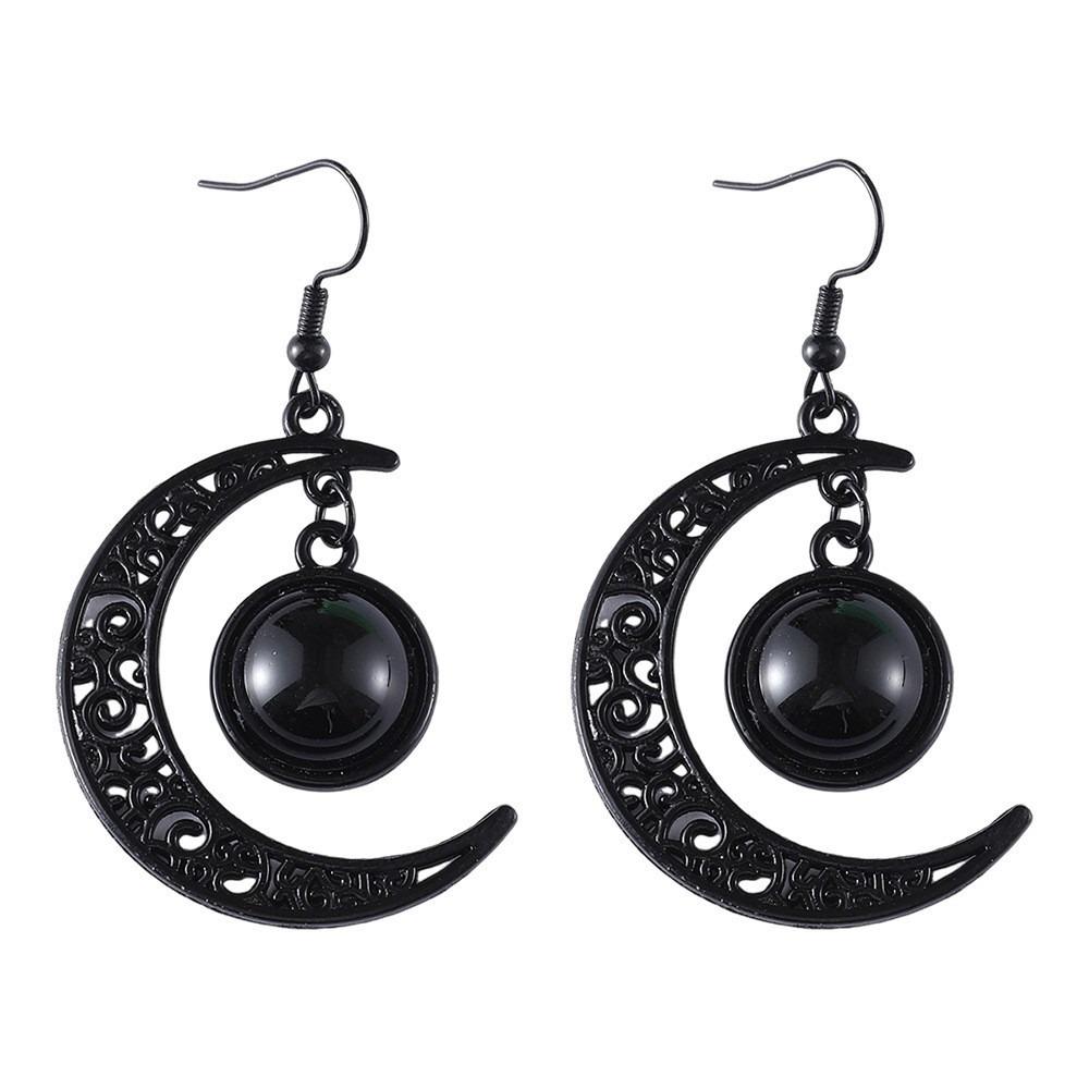 Personality Goth Black Hollowed-out Crescent Moon Glass Crystal Pendant Dangle Earrings for Women Halloween Party Witch Jewelry