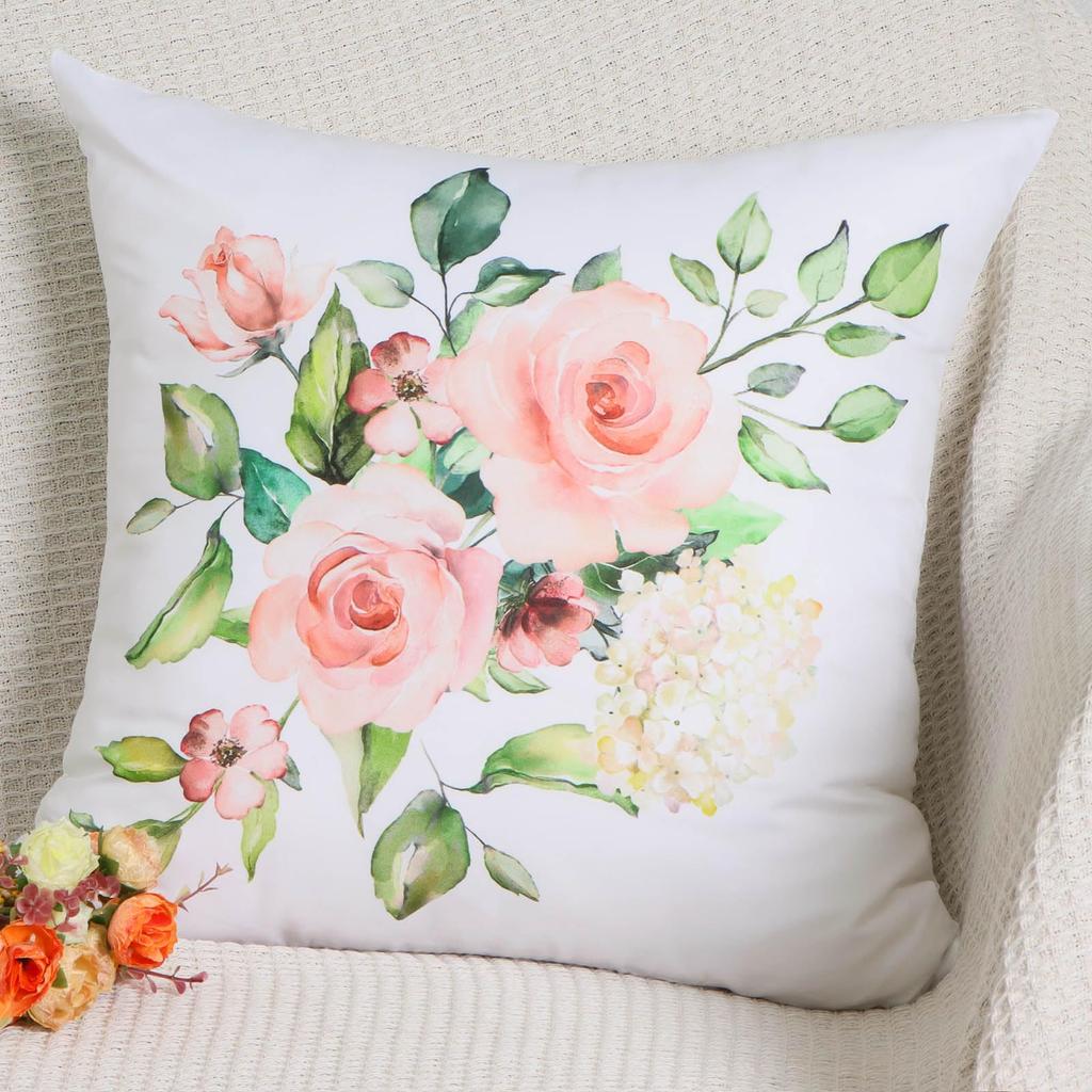 4 Pcs Double Sided Blush Rose Cushion Covers, Watercolor Floral Throw Pillow Cases (No Inserts)