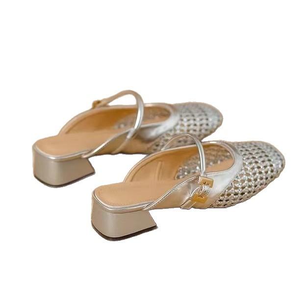 Square Head Woven Hollow Bag Head Half Slippers Women's 2025 Summer New Wear Thick Heel Fashion Sandals