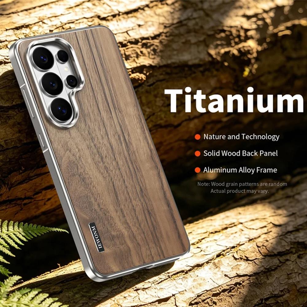 Luxury Alloy Solid Wood Back Panel Hybrid Phone Case For Samsung Galaxy S26 S25 S24 Ultra Aluminum Alloy For Magsafe Wireless Charging Cover