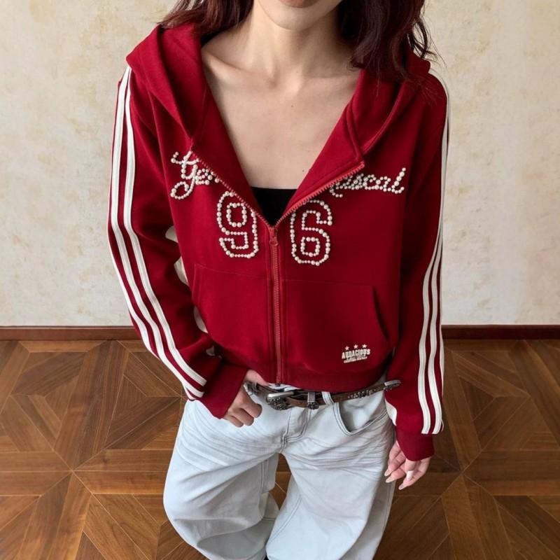 Womens Oversized Hooded Sweatshirt With Striped Pearl Accent Casual Long Sleeve Zip-Up Top