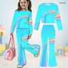 Girls Printed Round Neck Long Sleeve Crop Top Flared Pants Two Piece Set