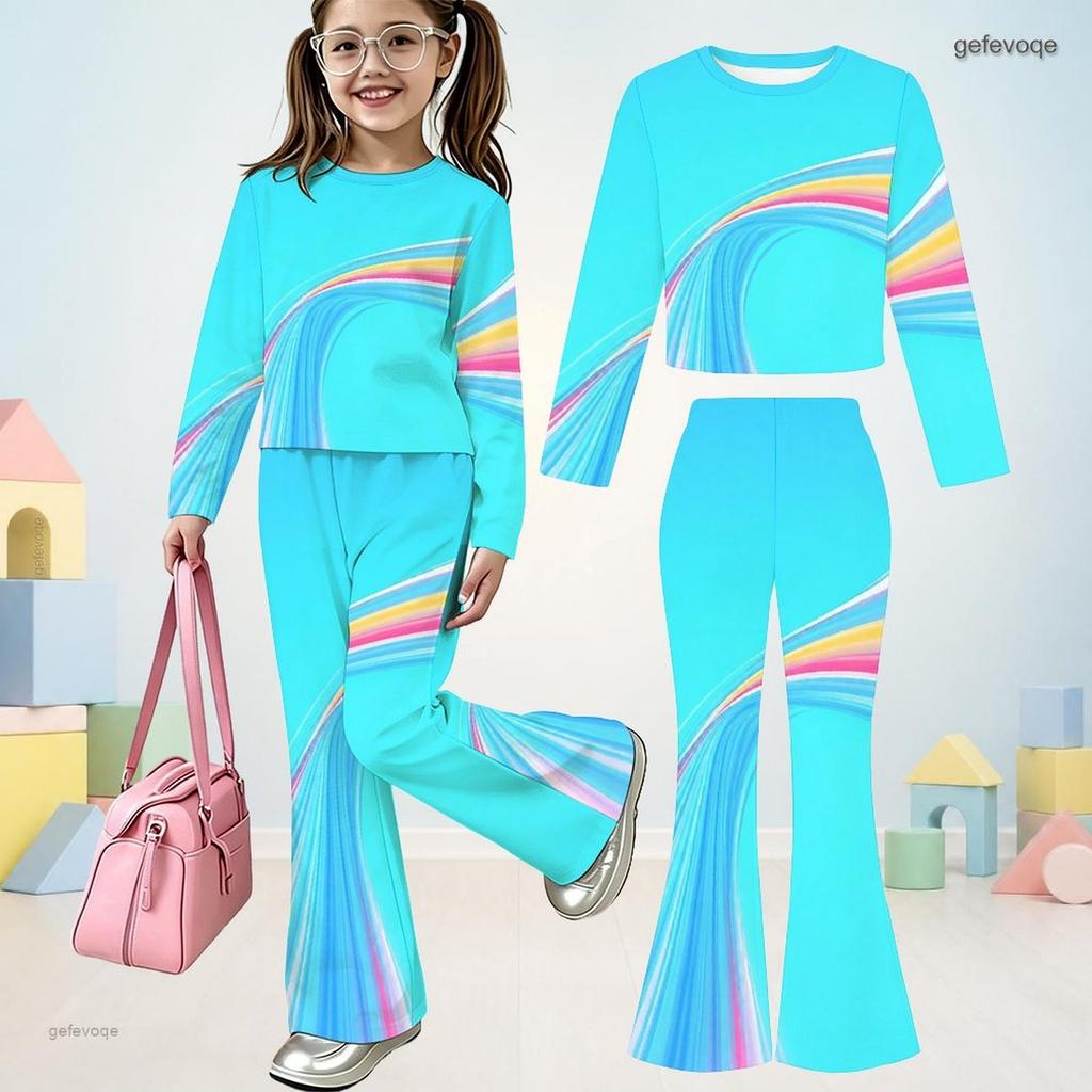 Girls Printed Round Neck Long Sleeve Crop Top Flared Pants Two Piece Set