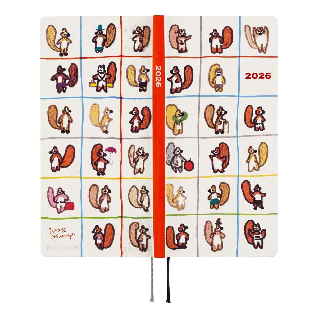 Hobonichi Techo 2026 Weeks ORANGE Starting in Weekly Slim Vertical 100% / Squirrel's Move, April, Left,
