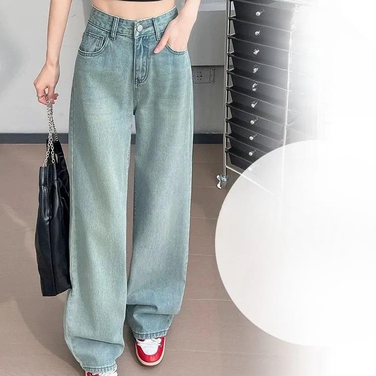 High Waist Light Color Wide Leg Jeans Women Summer New Embroidery Loose Straight  Pants
