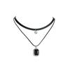 Women's Double-Layer Black Leather Choker Necklace with Crystal Pendant - Mori Style
