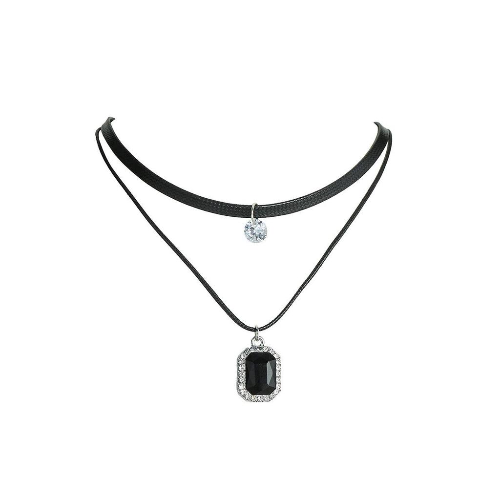 Women's Double-Layer Black Leather Choker Necklace with Crystal Pendant - Mori Style