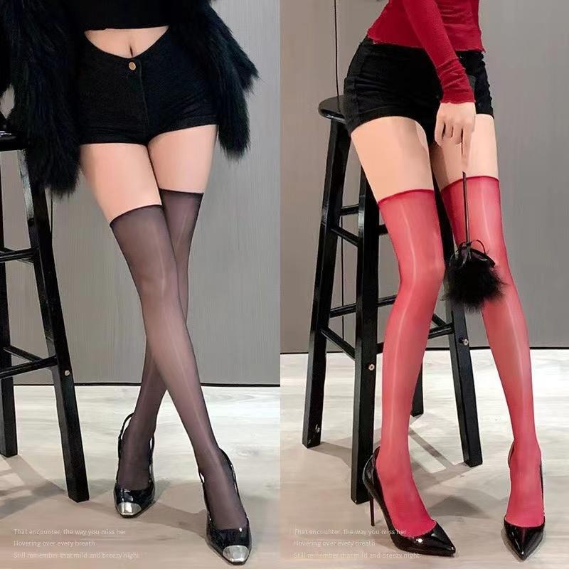Sexy Horse Oil Shinny Silk Stockings for Women Non-Slip Thigh High Socks Summer Ultra Thin Sheer Hosiery Lingerie
