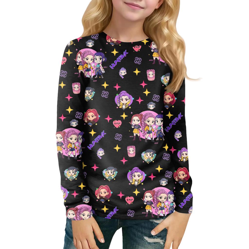 Children's Witch  Printed Long Sleeved Round Neck Top With Floral Print For Daily Casual T-shirt