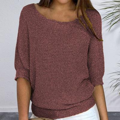 Women Tops Round Neck 3/4 Sleeve Solid Color Tee Shirt Loose Fit Knitting Blouse Stretchy Breathable Tops Streetwear