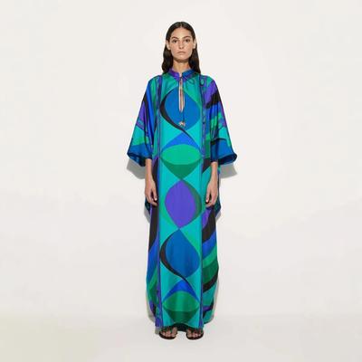 Vestido de Festa Estampado Padrão Retrô Manga Sete Quartos Vestido do Oriente Médio Feminino Decote O Amarrado Robe Solto