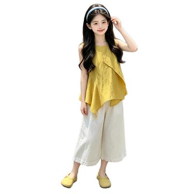 Korean Girls' Summer Sleeveless Shirt and Wide-Leg Pants Two-Piece Set