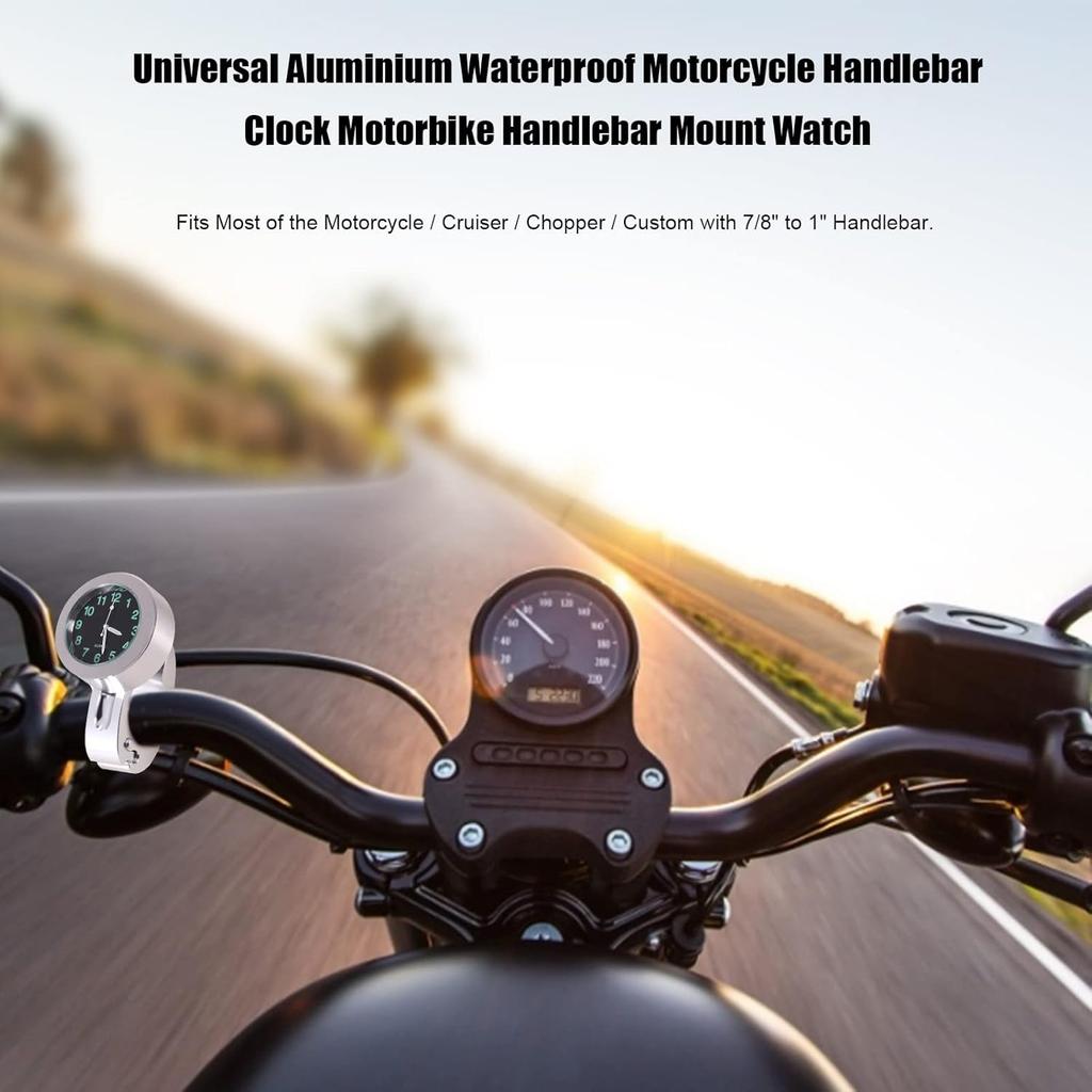 7/8 to 1 Motorcycle Handlebar Clock, Silver Waterproof Handlebar Glow Mount Clock Watch for Motorcycle, Cruiser, Chopper, Custom Bikes