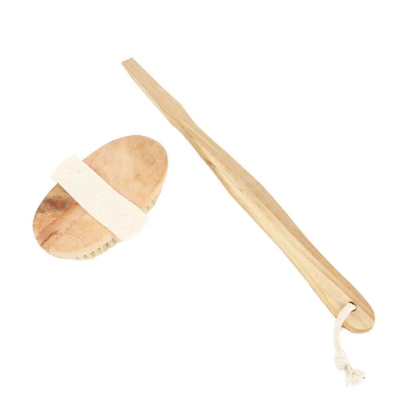 Household wooden long handled bristle brush, back scrubbing product, skin exfoliating detachable handheld soft bristle brush