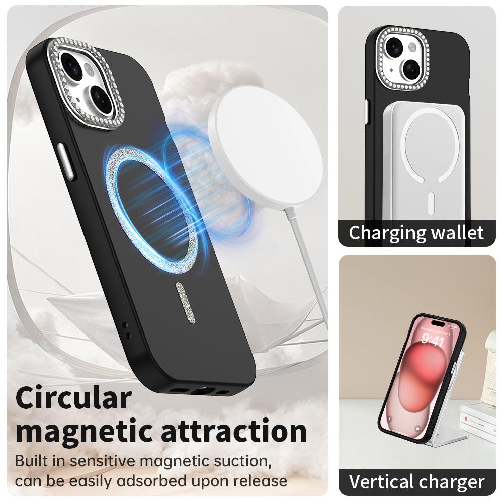 For iPhone 15 Case Compatible with MagSafe TPU+PET Phone Cover with Rhinestone Decor Lens Frame