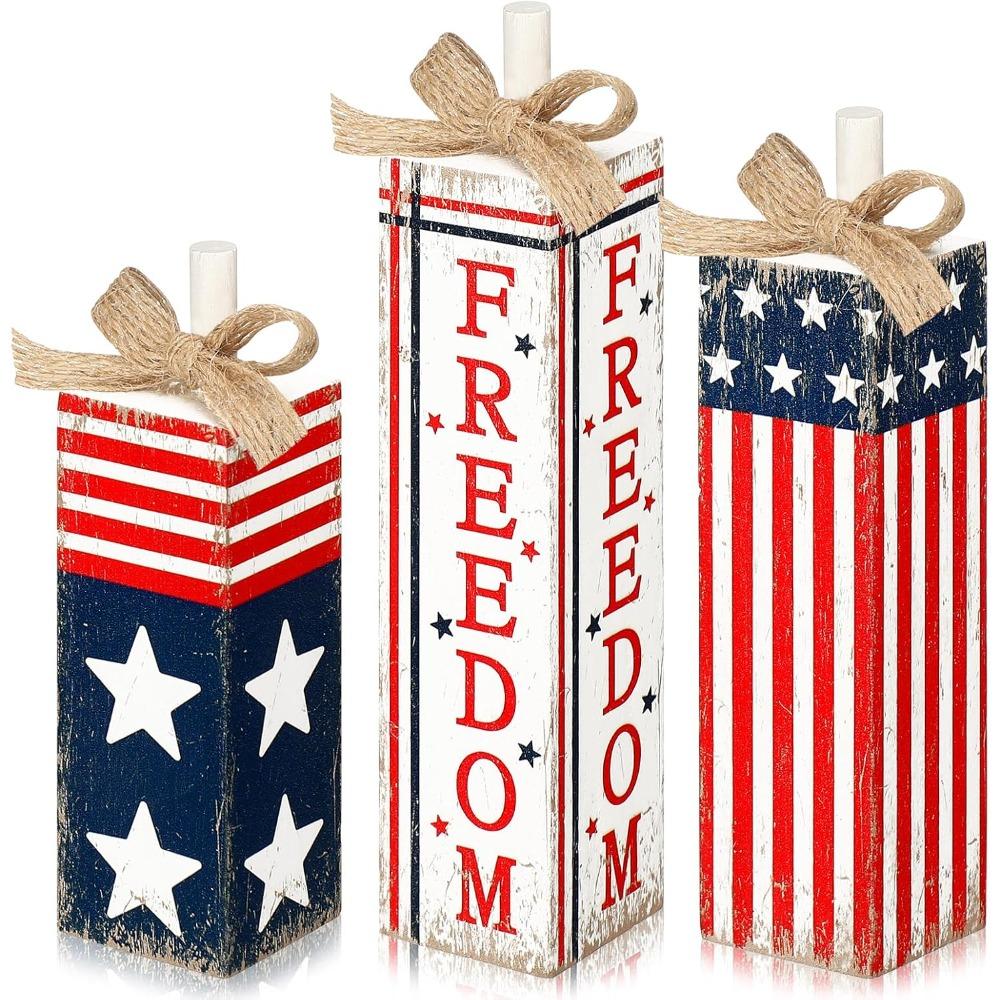 Patriotic Wood Block Sign Vintage 4th of July Tiered Tray Decor Rustic Farmhouse Memorial Day Independence Day Table Centerpiece
