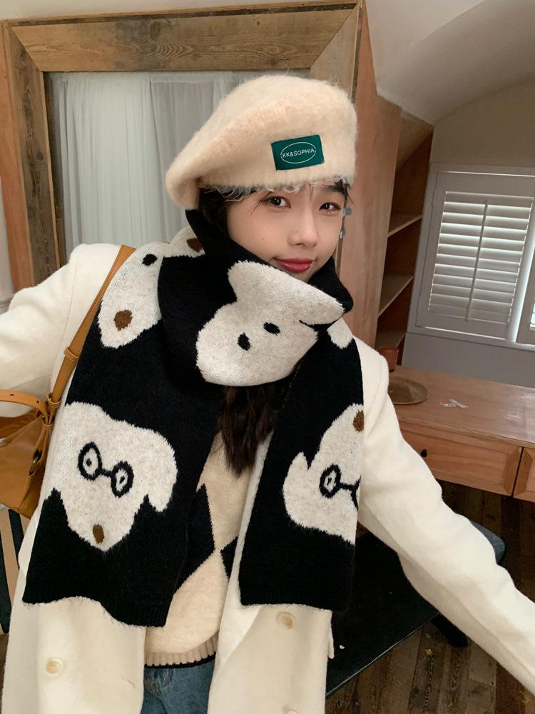Blended Cute Cartoon Knitted Puppy Scarf Women's Autumn and Winter Thickened Warm Fashion Long Cold Scarf